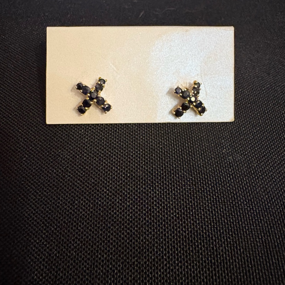 Vintage 10k Gold and blue sapphire X-Shaped Earrings set in 10k gold.
